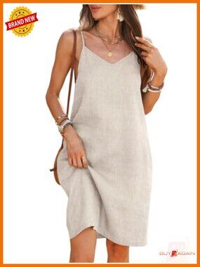 100% Linen Midi Dress Spaghetti Strap Adjustable V Neck Sleeveless Sundress